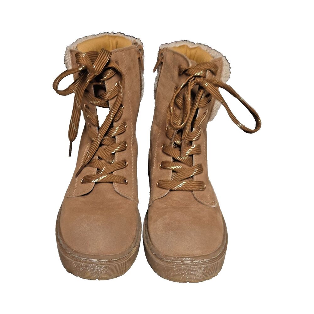 Sincerely Jules Brown Suede Lace Up Ankle Bootie Zipper Faux Fur Lined US 5